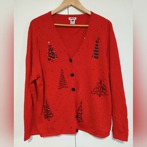​Vintage Christmas Cardigan Red Beaded Sequin Trees Sweater Button Up XL